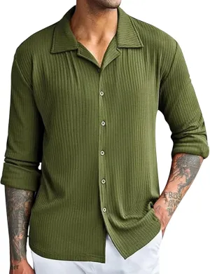 Casual Dress Shirts for Men Striped Shirts Ribbed Knit Textured Button Down Shirts Athletic Fit Long Sleeve