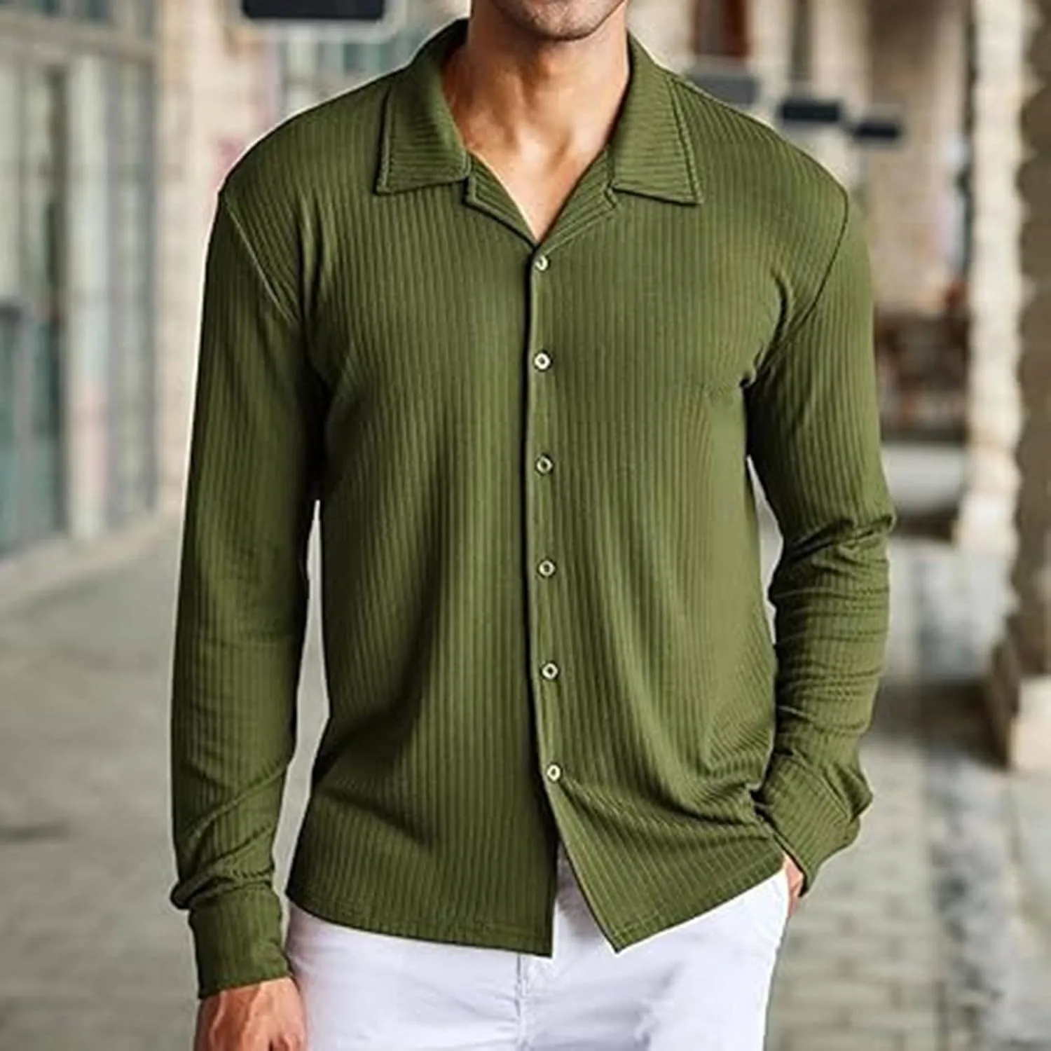 Casual Dress Shirts for Men Striped Shirts Ribbed Knit Textured Button Down Shirts Athletic Fit Long Sleeve