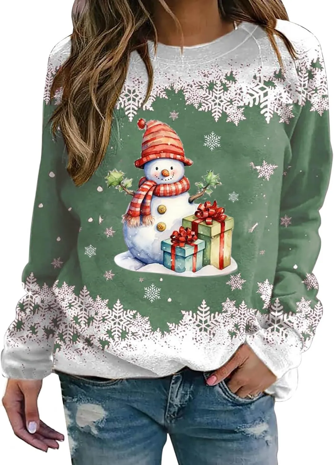 Christmas Sweatshirt for Women Funny Cute Snowman Graphic Fall Tops Casual Holiday Long Sleeve Crewneck Tunic Shirt