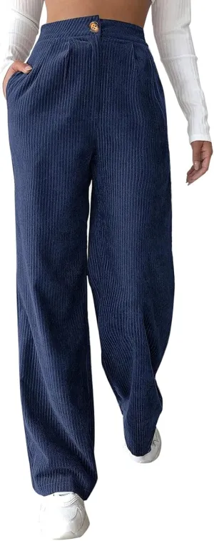 Corduroy Pants for Women High Waisted Vintage Straight Leg Cord Pants Trendy Casual Loose Comfy Work Trousers Pockets