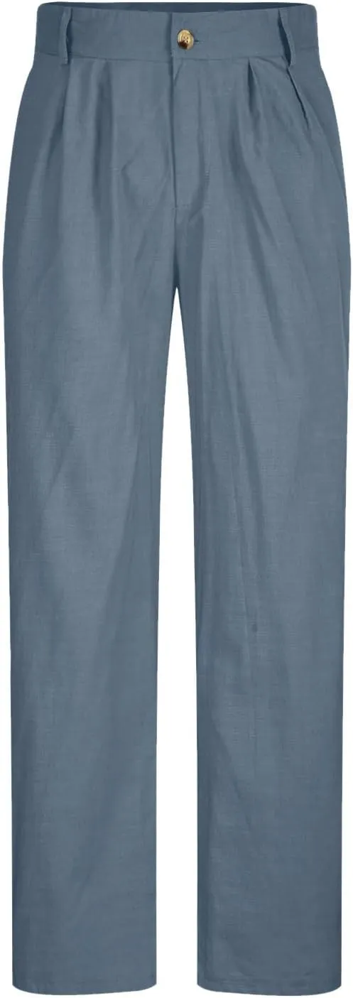 Cotton Linen Pants Men Straight Leg Pleated Work Dress Pants Casual Wide Leg Pants Loose Fit Leisure Chino Trousers
