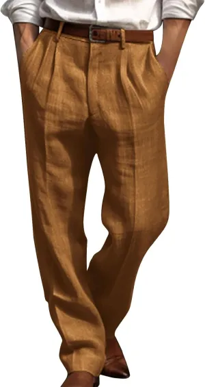 Cotton Linen Pants Men Straight Leg Pleated Work Dress Pants Casual Wide Leg Pants Loose Fit Leisure Chino Trousers