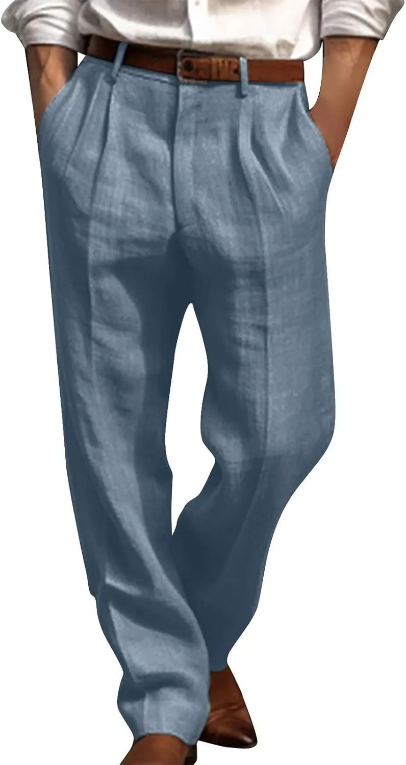 Cotton Linen Pants Men Straight Leg Pleated Work Dress Pants Casual Wide Leg Pants Loose Fit Leisure Chino Trousers