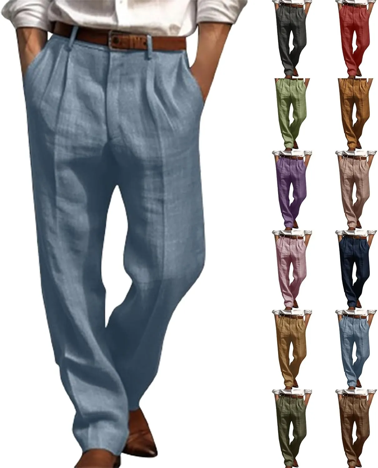 Cotton Linen Pants Men Straight Leg Pleated Work Dress Pants Casual Wide Leg Pants Loose Fit Leisure Chino Trousers