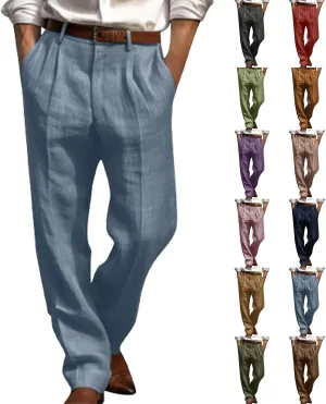 Cotton Linen Pants Men Straight Leg Pleated Work Dress Pants Casual Wide Leg Pants Loose Fit Leisure Chino Trousers