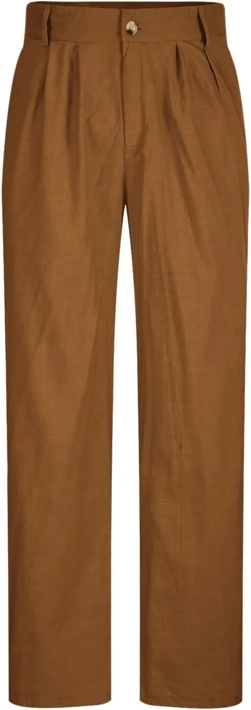 Cotton Linen Pants Men Straight Leg Pleated Work Dress Pants Casual Wide Leg Pants Loose Fit Leisure Chino Trousers