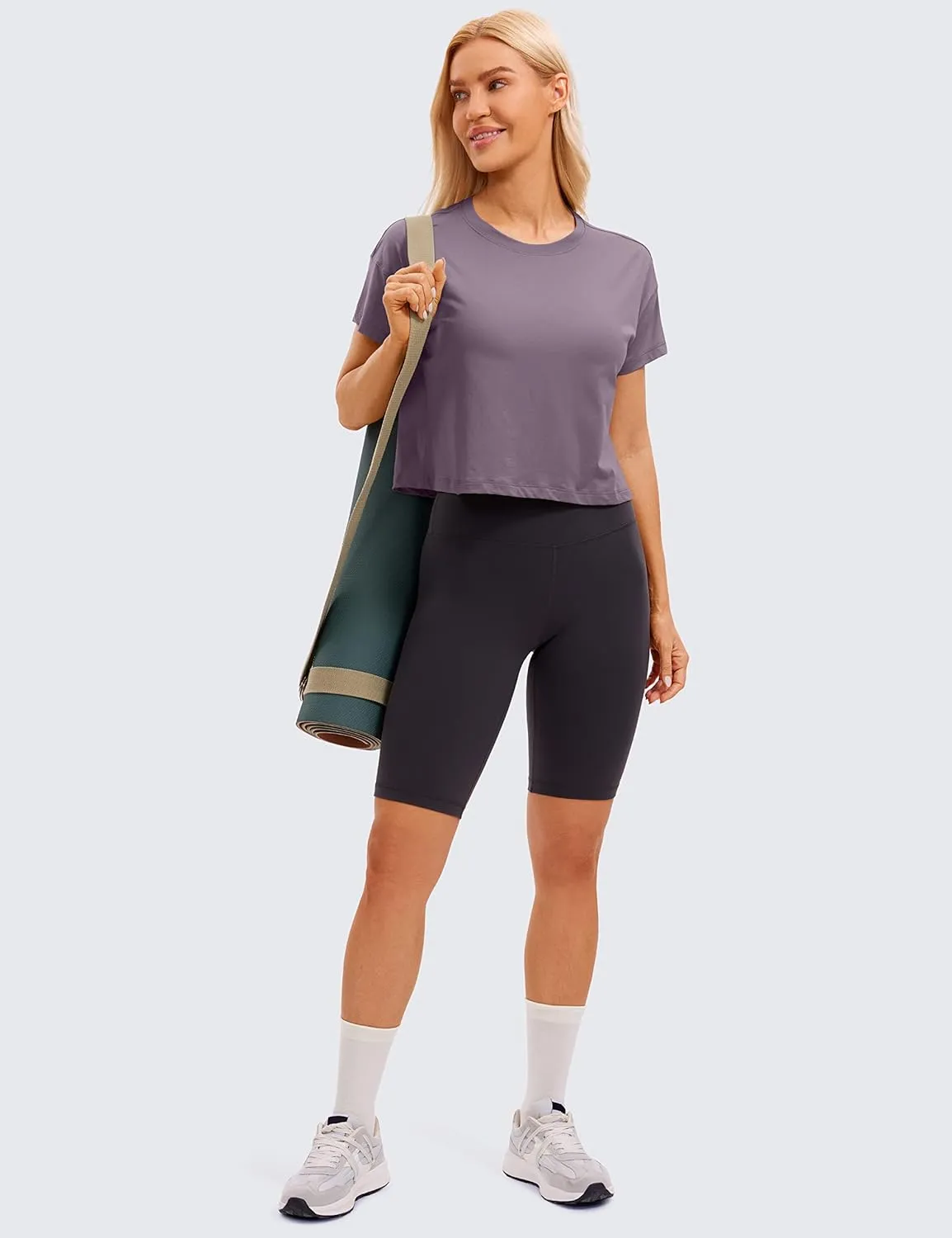 CRZ YOGA Women's Pima Cotton Workout Short Sleeve Shirts Loose Athletic Crop Tops Gym Casual Cropped T-Shirt