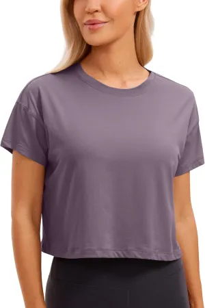 CRZ YOGA Women's Pima Cotton Workout Short Sleeve Shirts Loose Athletic Crop Tops Gym Casual Cropped T-Shirt