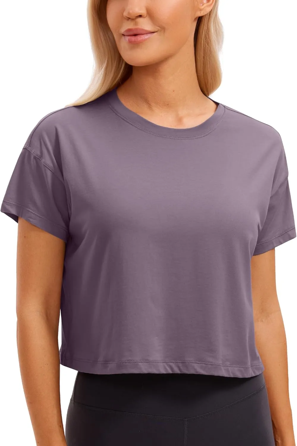 CRZ YOGA Women's Pima Cotton Workout Short Sleeve Shirts Loose Athletic Crop Tops Gym Casual Cropped T-Shirt