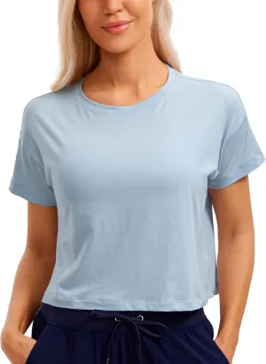 CRZ YOGA Women's Pima Cotton Workout Short Sleeve Shirts Loose Athletic Crop Tops Gym Casual Cropped T-Shirt