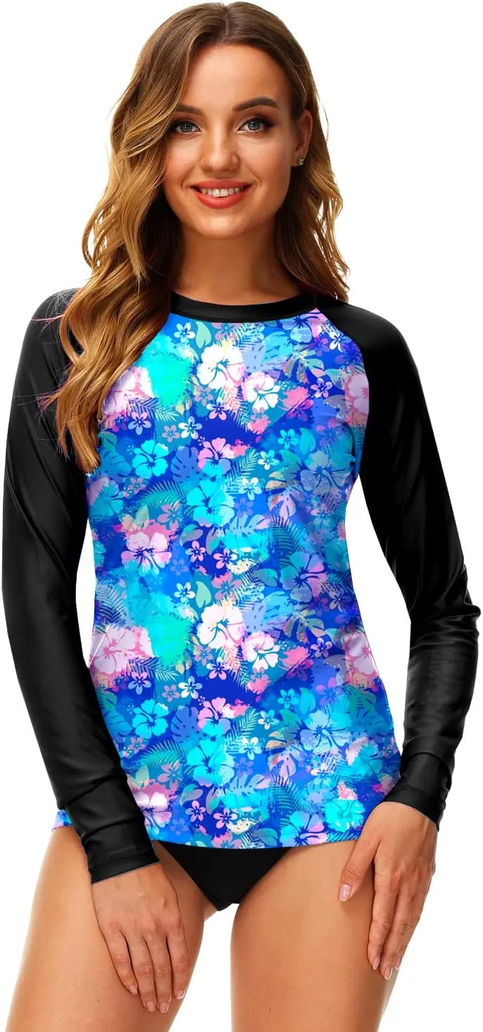 Deerose Women UPF 50  Rash Guard Printed Swim Shirts Surf Swimwear Top