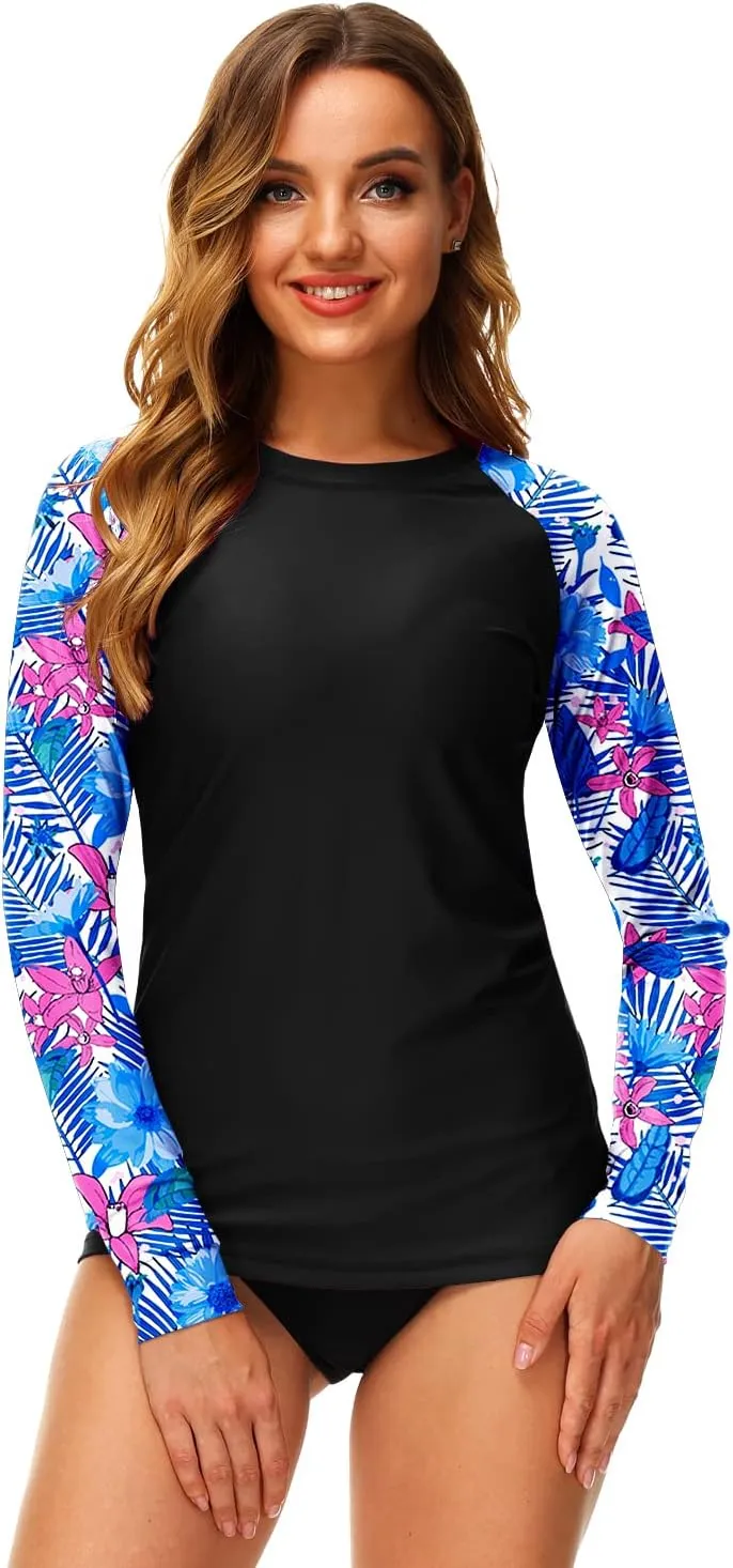 Deerose Women UPF 50  Rash Guard Printed Swim Shirts Surf Swimwear Top