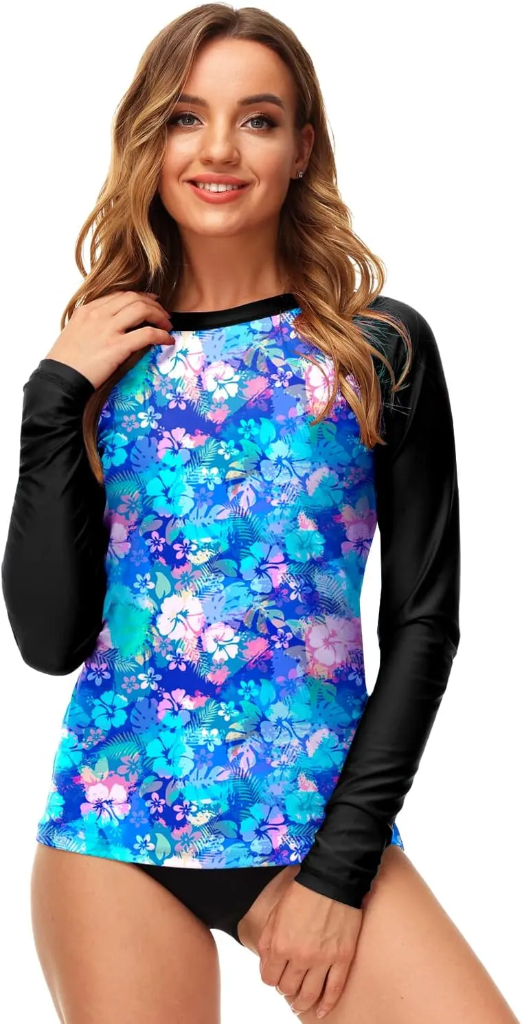 Deerose Women UPF 50  Rash Guard Printed Swim Shirts Surf Swimwear Top