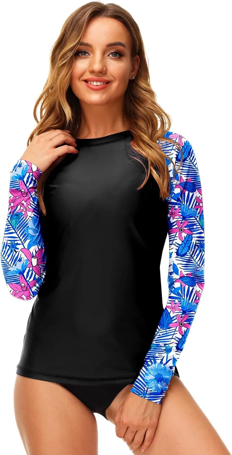Deerose Women UPF 50  Rash Guard Printed Swim Shirts Surf Swimwear Top