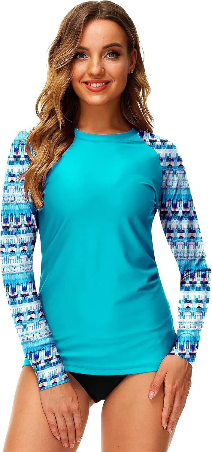 Deerose Women UPF 50  Rash Guard Printed Swim Shirts Surf Swimwear Top