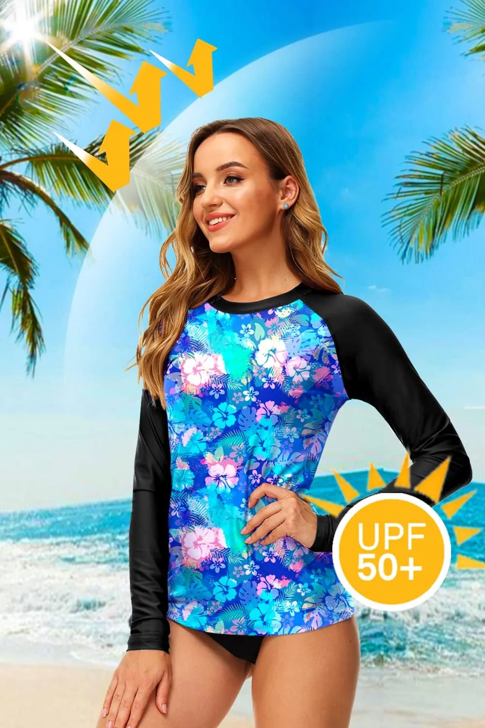 Deerose Women UPF 50  Rash Guard Printed Swim Shirts Surf Swimwear Top