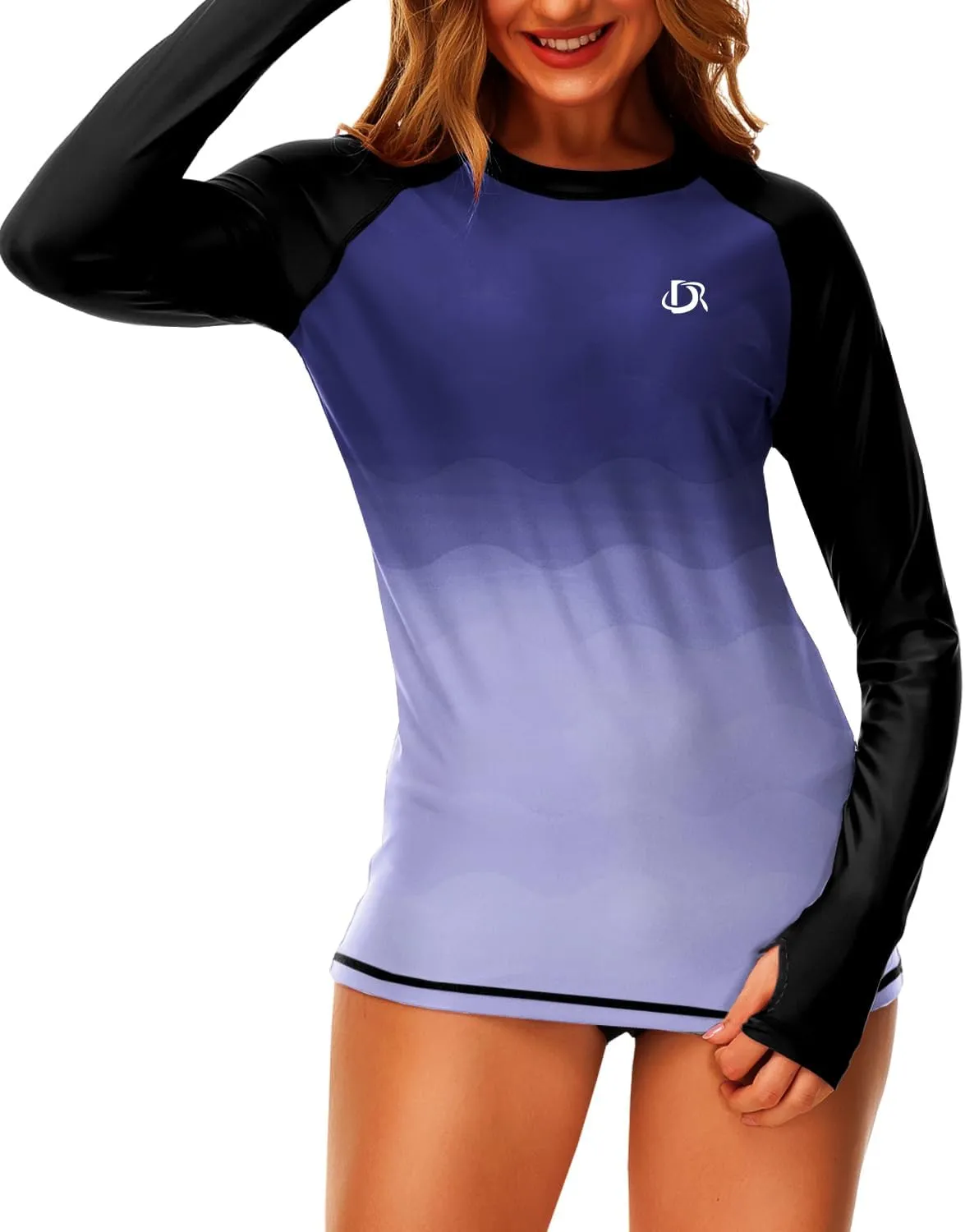Deerose Womens Gradient Rash Guard UPF 50  Swim Shirts Surfing Top with Thumb Hole