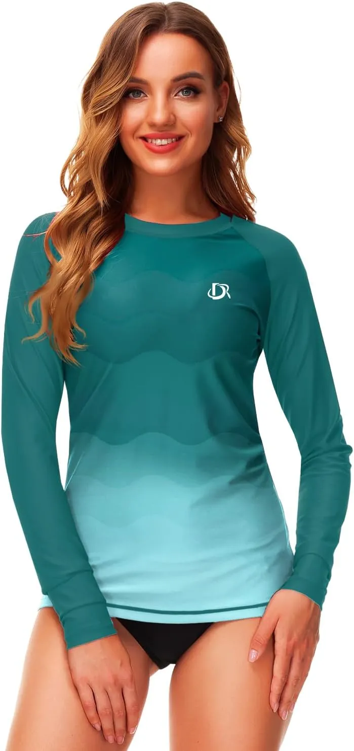 Deerose Womens Gradient Rash Guard UPF 50  Swim Shirts Surfing Top with Thumb Hole