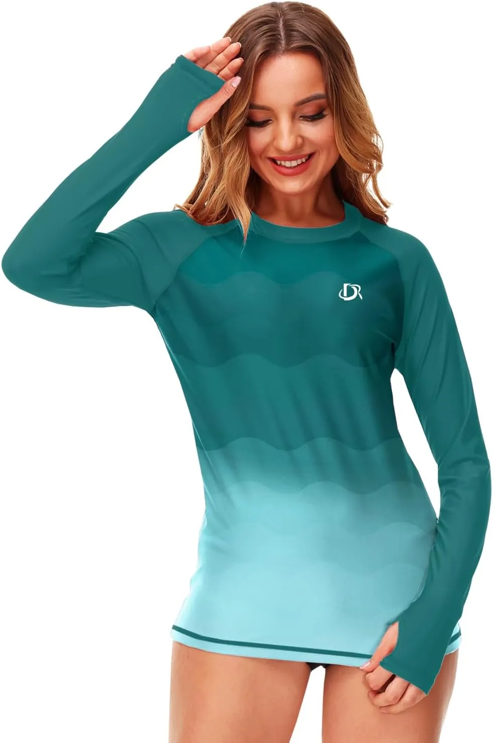 Deerose Womens Gradient Rash Guard UPF 50  Swim Shirts Surfing Top with Thumb Hole
