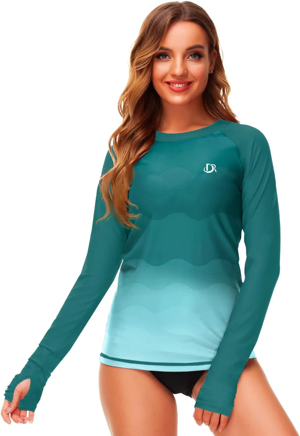 Deerose Womens Gradient Rash Guard UPF 50  Swim Shirts Surfing Top with Thumb Hole