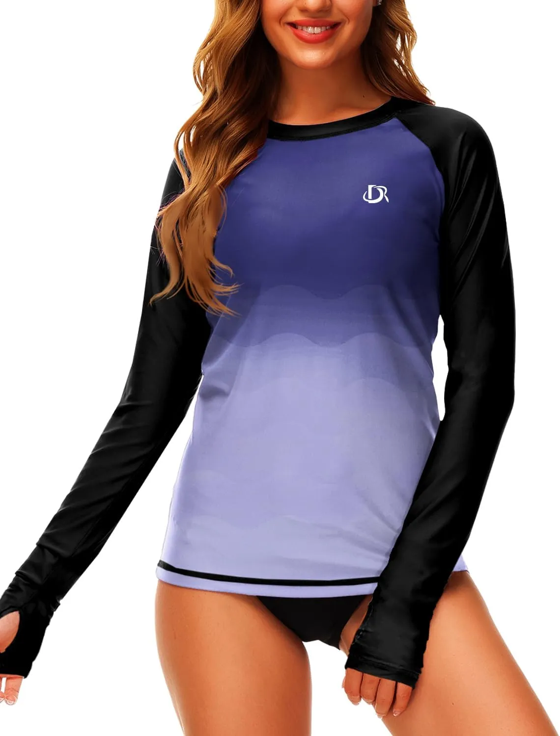 Deerose Womens Gradient Rash Guard UPF 50  Swim Shirts Surfing Top with Thumb Hole