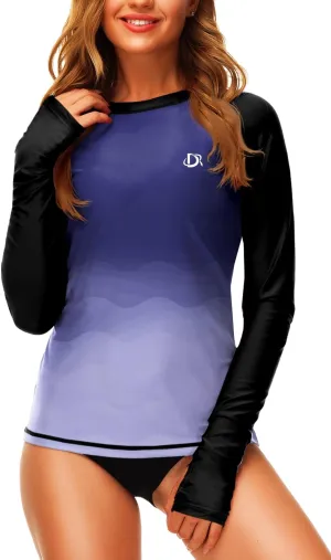 Deerose Womens Gradient Rash Guard UPF 50  Swim Shirts Surfing Top with Thumb Hole