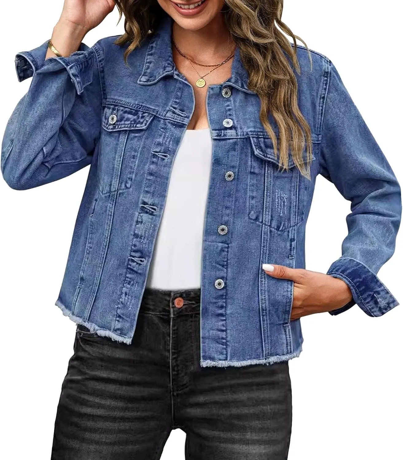 Denim Jacket For Women Casual Distressed Frayed Hem Denim Jackets Cropped Soft Trendy Lightweight Denim Outfit Coat