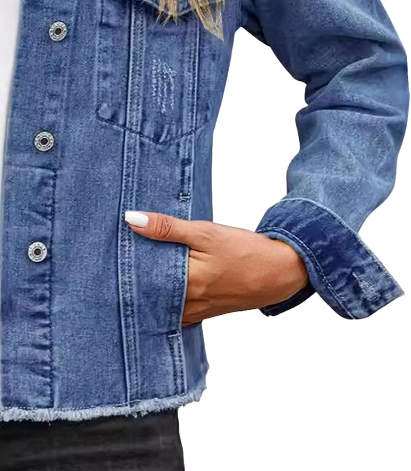 Denim Jacket For Women Casual Distressed Frayed Hem Denim Jackets Cropped Soft Trendy Lightweight Denim Outfit Coat