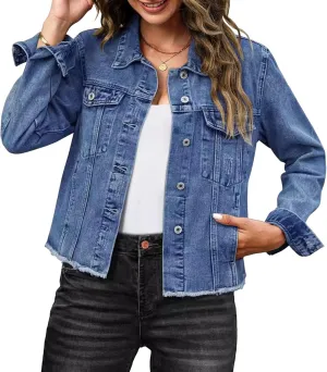 Denim Jacket For Women Casual Distressed Frayed Hem Denim Jackets Cropped Soft Trendy Lightweight Denim Outfit Coat
