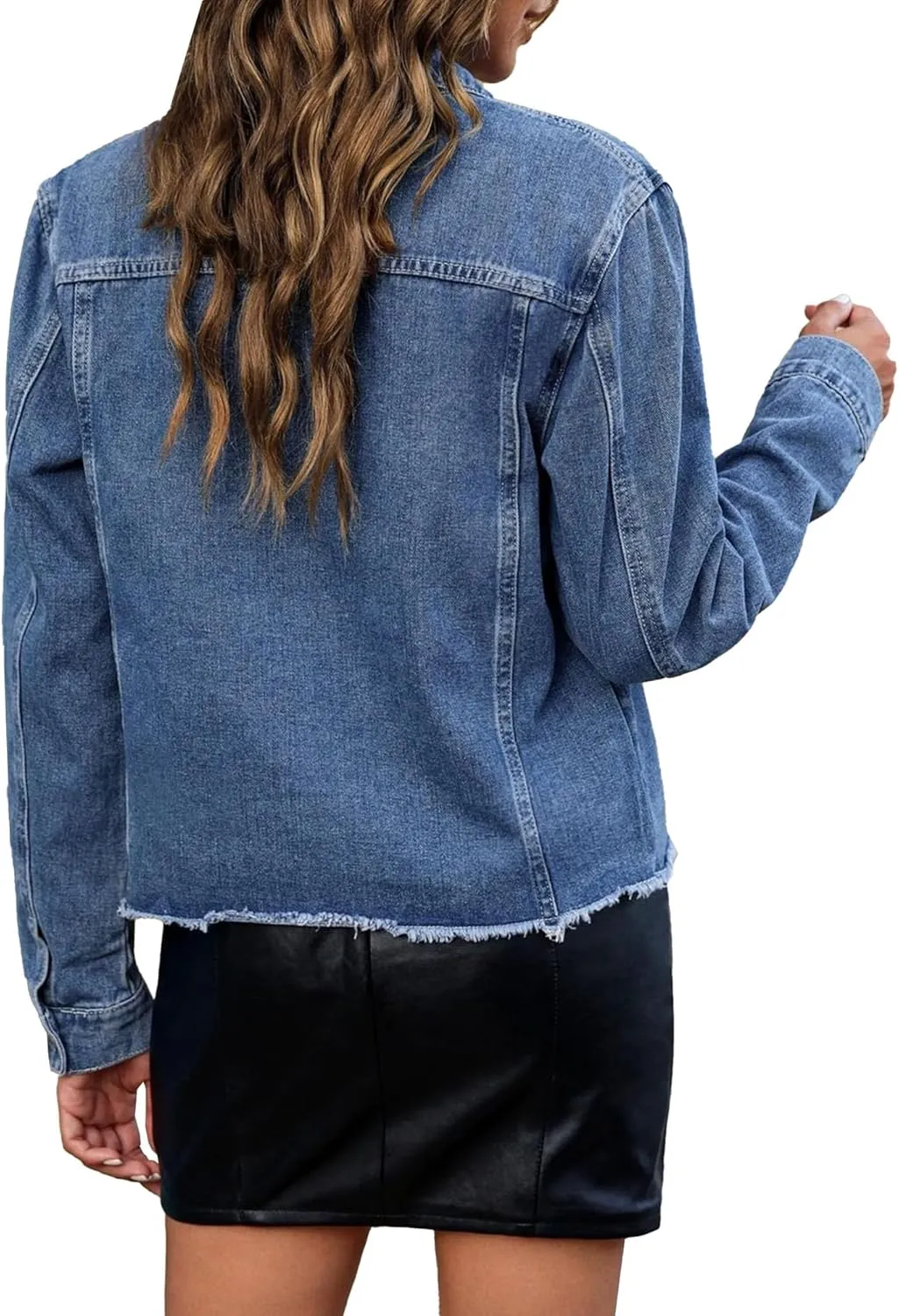 Denim Jacket For Women Casual Distressed Frayed Hem Denim Jackets Cropped Soft Trendy Lightweight Denim Outfit Coat