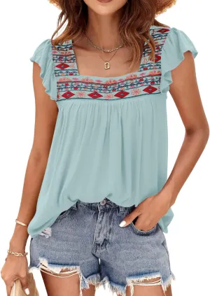 DOROSE Womens Square Neck Embroidered Tops Flowy Babydoll Tops Ruffle Sleeve Boho Peasant Blouses