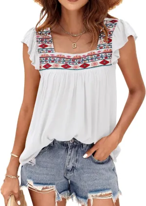 DOROSE Womens Square Neck Embroidered Tops Flowy Babydoll Tops Ruffle Sleeve Boho Peasant Blouses