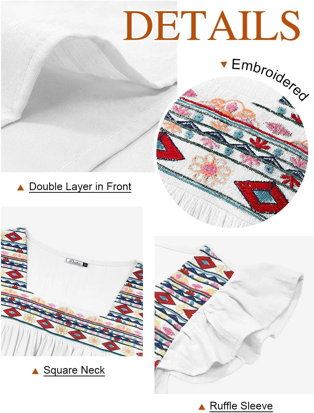 DOROSE Womens Square Neck Embroidered Tops Flowy Babydoll Tops Ruffle Sleeve Boho Peasant Blouses