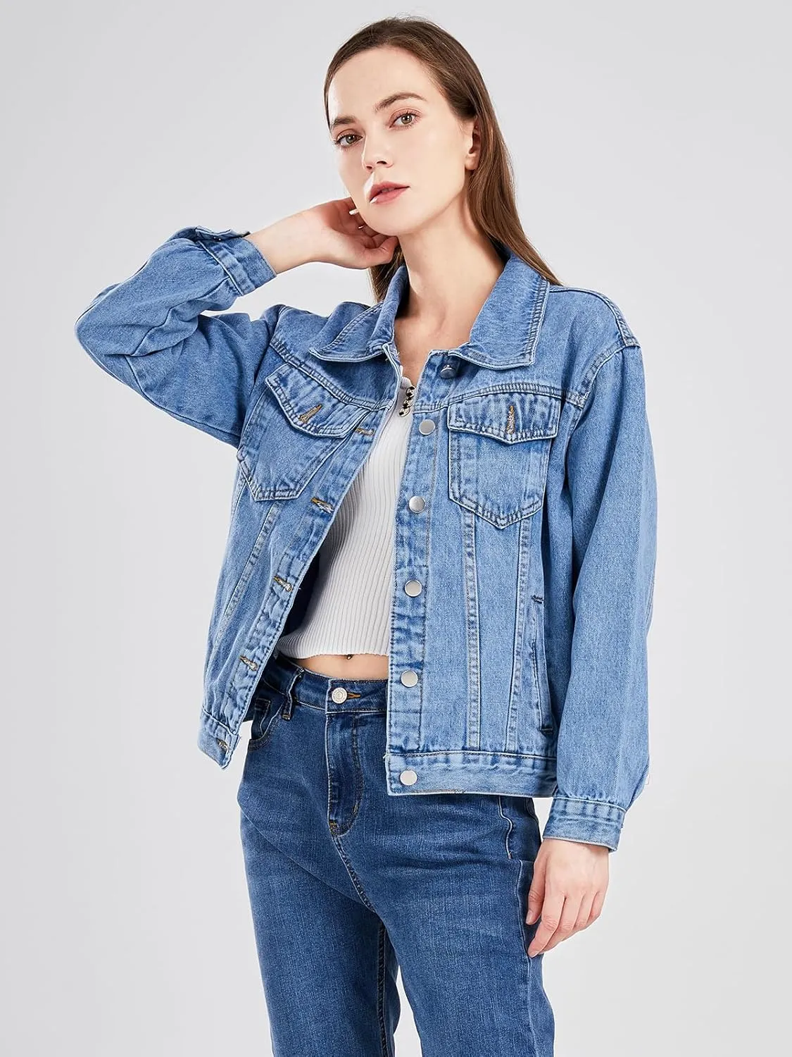 ebossy Women's Candy Color Denim Jacket Relaxed Fit Casual Jean Trucker Jacket