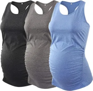 Ecavus 3PCS Women's Maternity Tank Tops Seamless Racerback Workout Athletic Yoga Tops Pregnancy T-Shirt