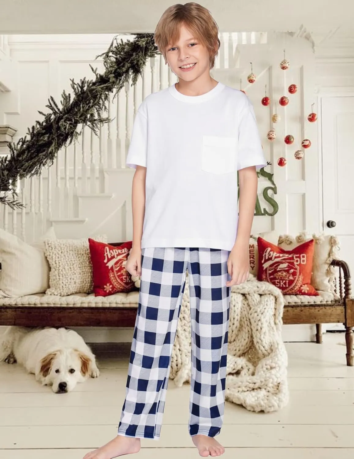 Ekouaer Boys Pajama Pants Long Sleep Soft Elastic Waist Bottoms Plaid Lounge With 2 Pockets 4-14 Years
