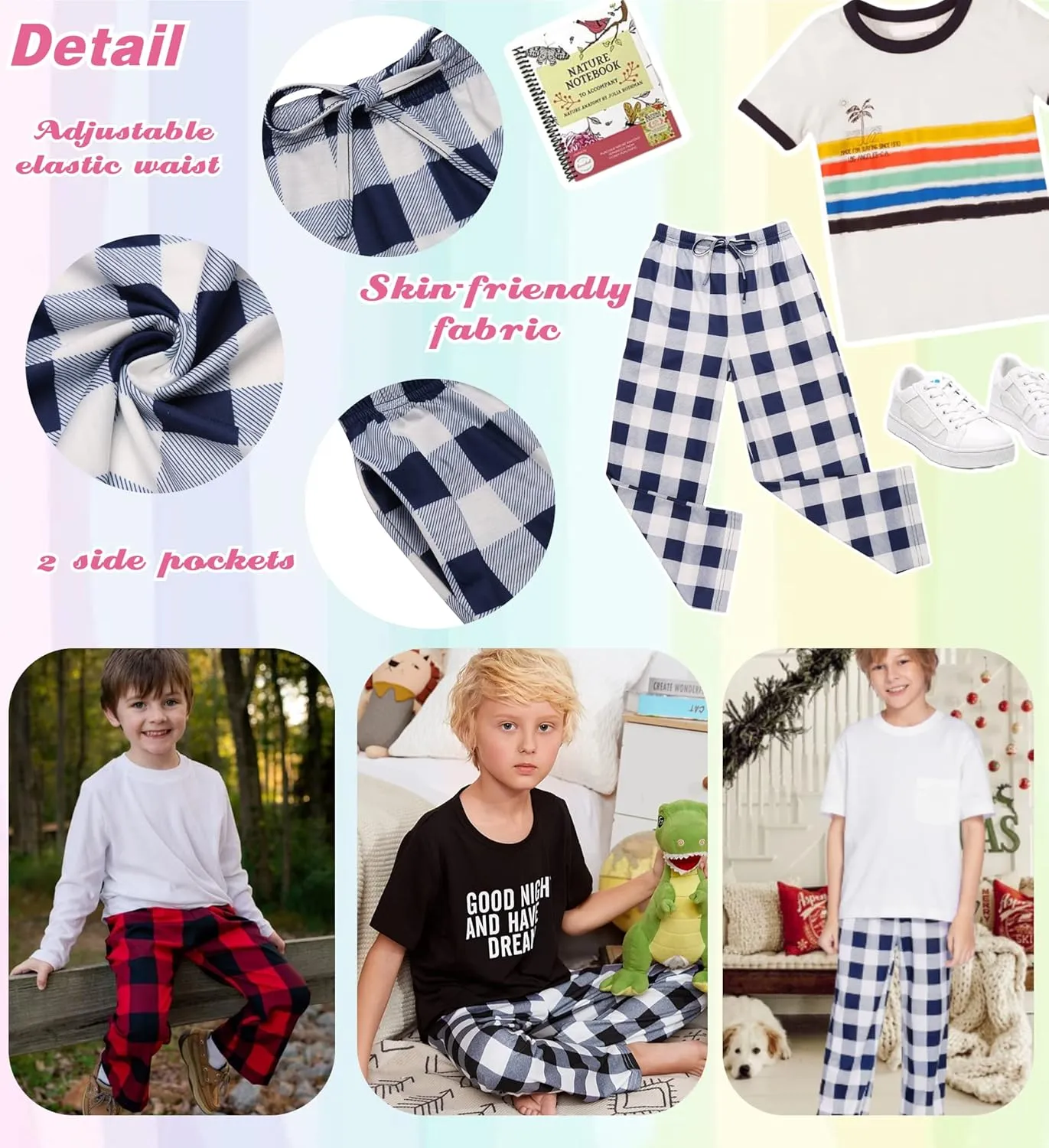 Ekouaer Boys Pajama Pants Long Sleep Soft Elastic Waist Bottoms Plaid Lounge With 2 Pockets 4-14 Years