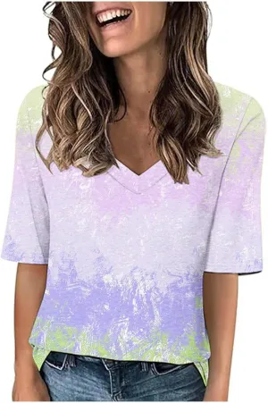 Elbow Length Sleeve T-Shirt for Women V Neck 1/2 Half Sleeve Top Casual Summer Loose Tee Tie Dye Tshirt Holiday Blouse