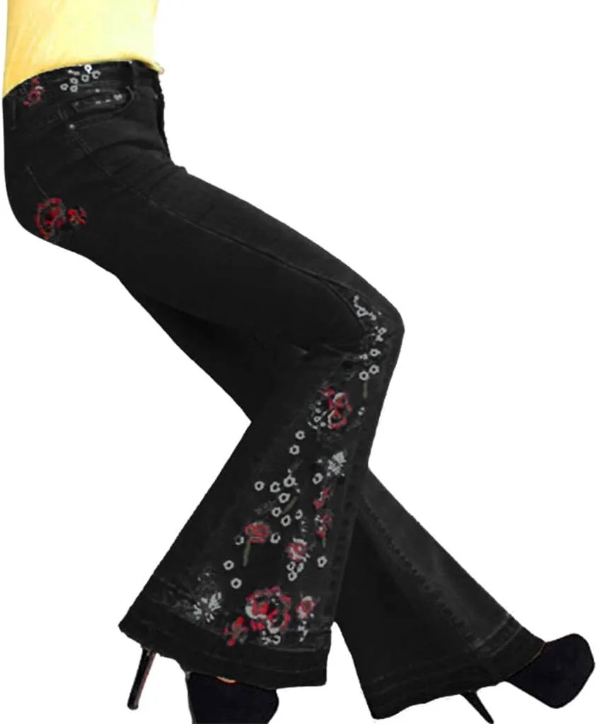 Embroidered Flared Jeans for Women High Waisted Bell Bottom Jeans Plus Size Flared Denim Pant Retro Wide Leg Jeans