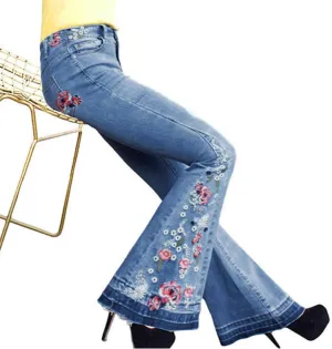 Embroidered Flared Jeans for Women High Waisted Bell Bottom Jeans Plus Size Flared Denim Pant Retro Wide Leg Jeans