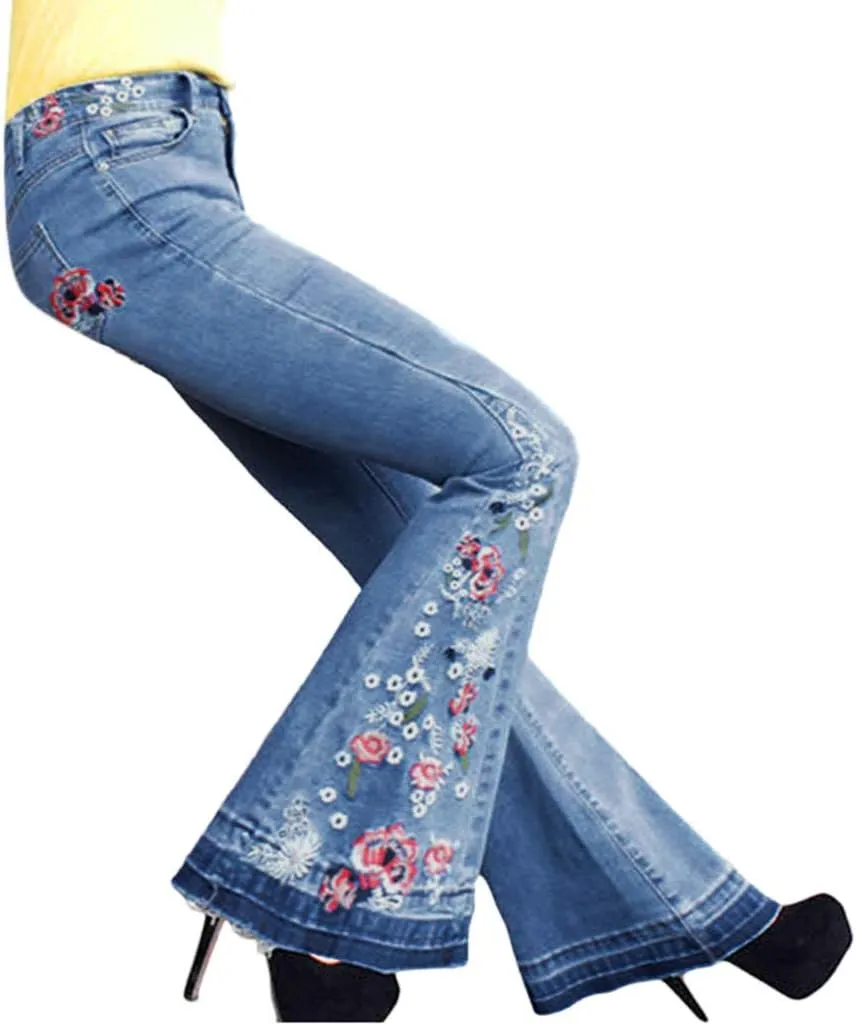Embroidered Flared Jeans for Women High Waisted Bell Bottom Jeans Plus Size Flared Denim Pant Retro Wide Leg Jeans