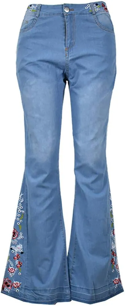 Embroidered Flared Jeans for Women High Waisted Bell Bottom Jeans Plus Size Flared Denim Pant Retro Wide Leg Jeans