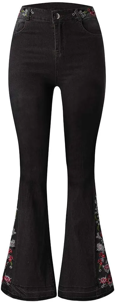 Embroidered Flared Jeans for Women High Waisted Bell Bottom Jeans Plus Size Flared Denim Pant Retro Wide Leg Jeans