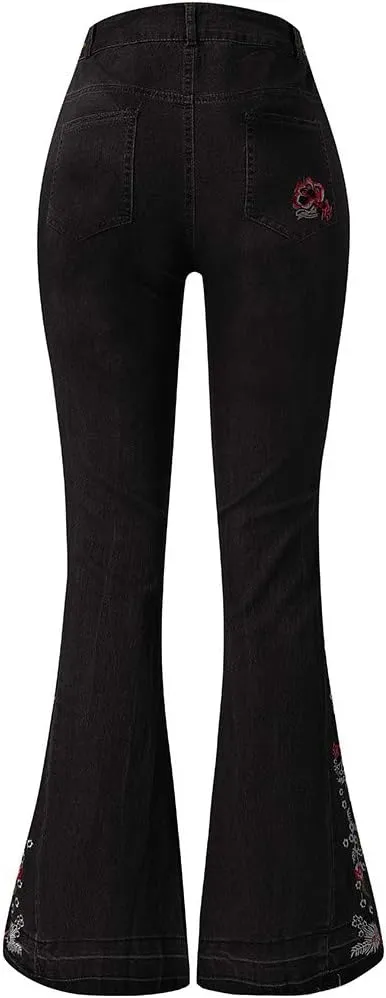 Embroidered Flared Jeans for Women High Waisted Bell Bottom Jeans Plus Size Flared Denim Pant Retro Wide Leg Jeans