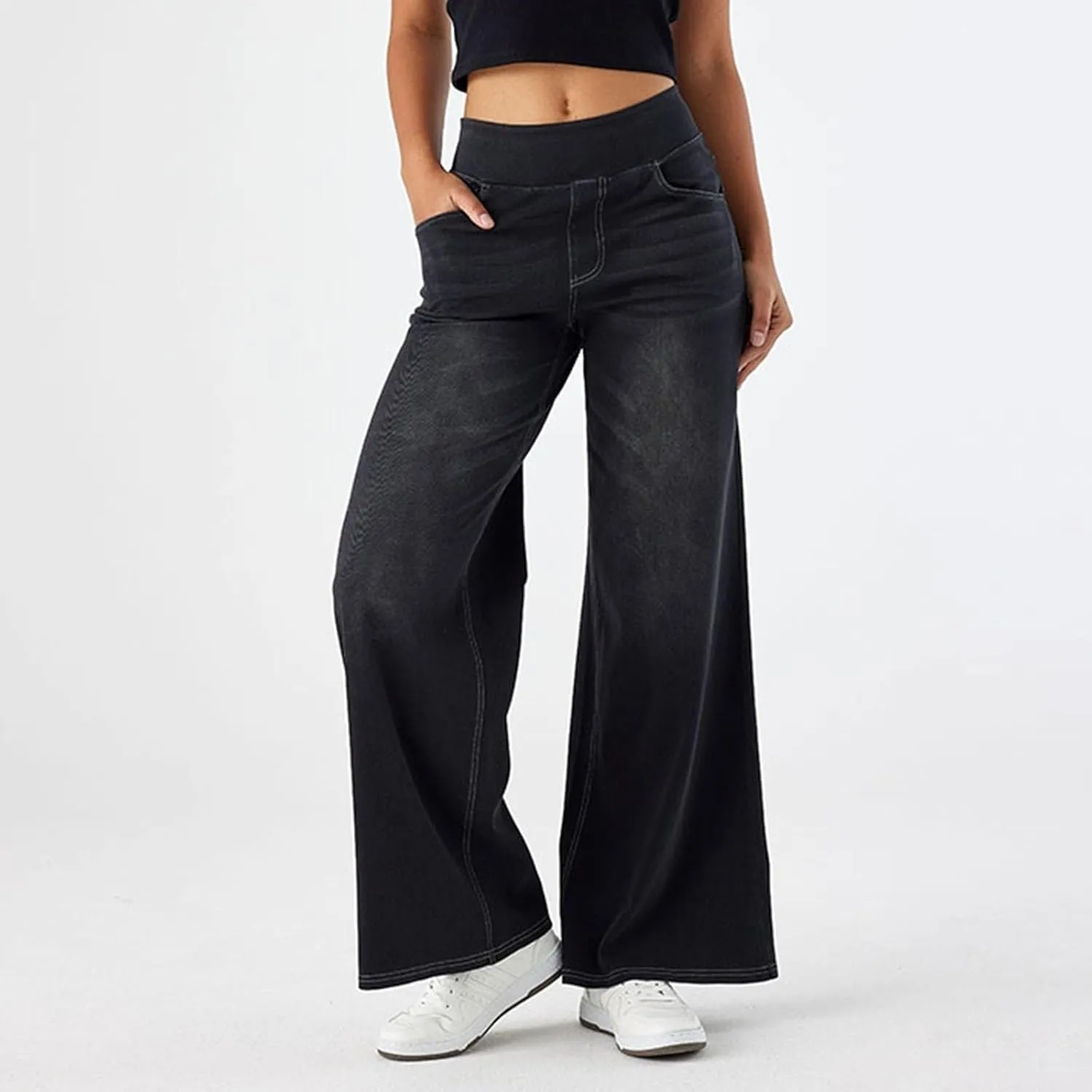 fanmpghleoo Elastic Waist Jeans for Women Trendy Wide Leg Jeans Woman Boyfriend Y2k Baggy Jeans High Waisted Trouser Jeans