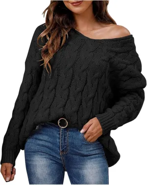 fartey Cable Knit Sweater Women Long Sleeve Crewneck Oversized Sweaters 2024 Fall Winter Warm Loose Soft Pullover Outfits