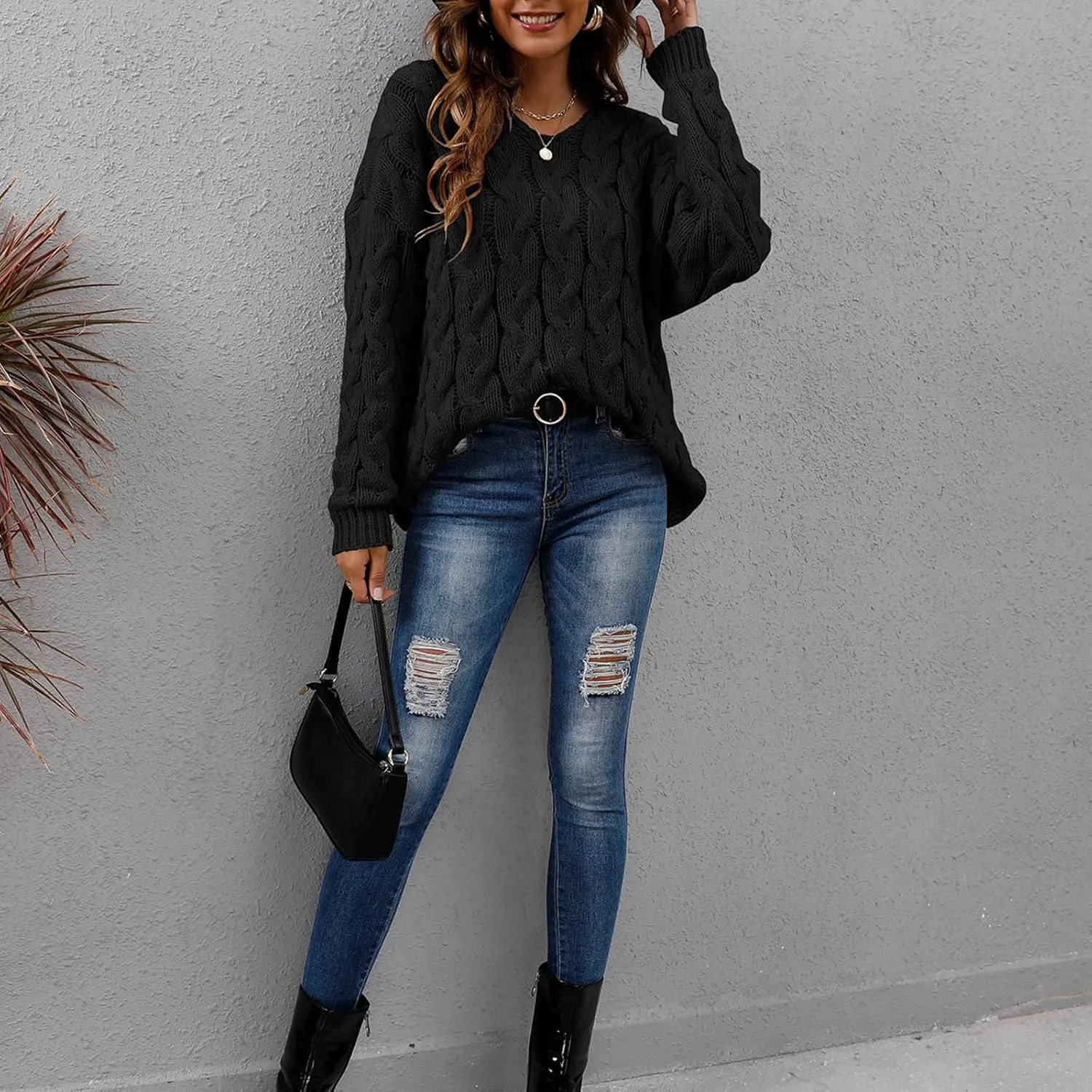 fartey Cable Knit Sweater Women Long Sleeve Crewneck Oversized Sweaters 2024 Fall Winter Warm Loose Soft Pullover Outfits