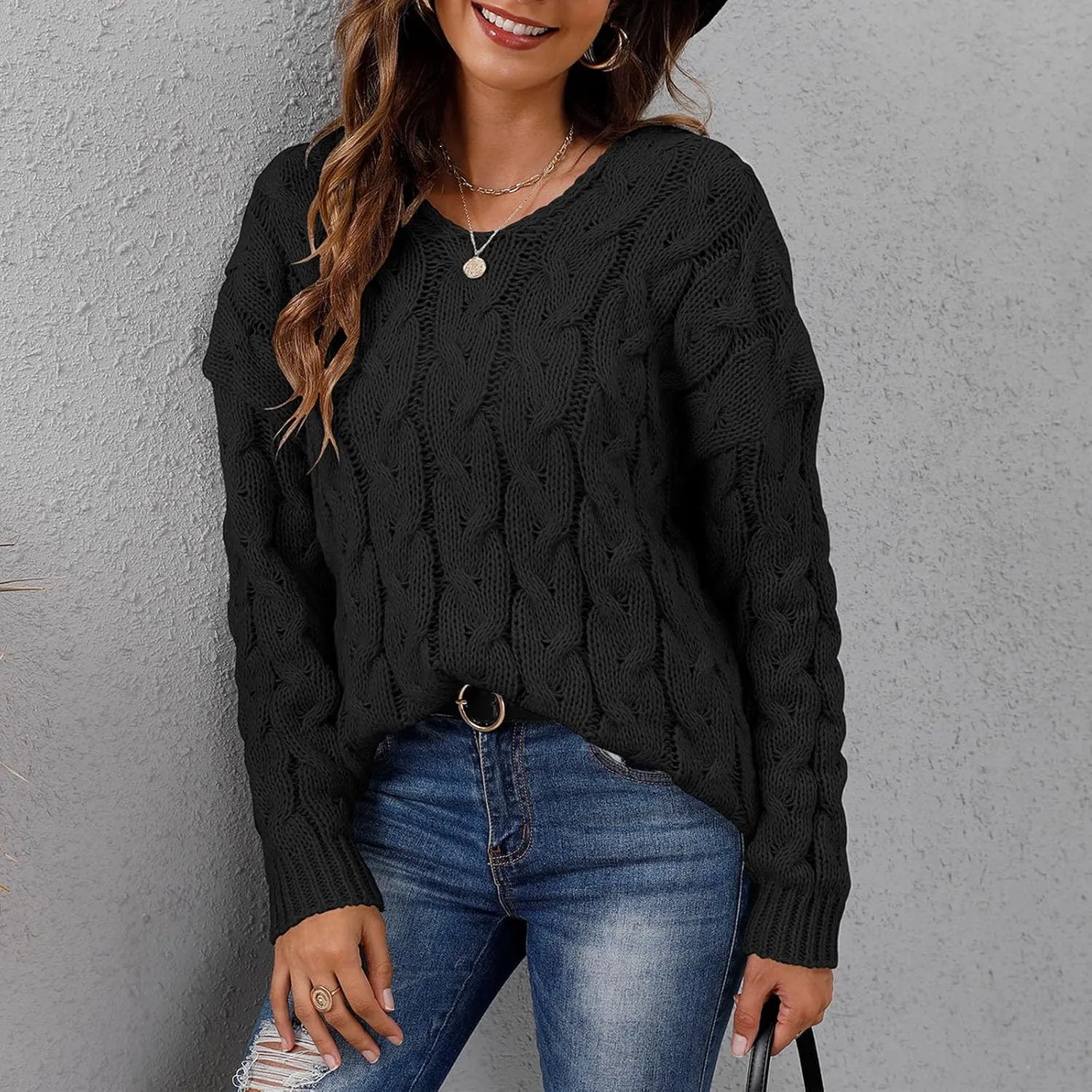 fartey Cable Knit Sweater Women Long Sleeve Crewneck Oversized Sweaters 2024 Fall Winter Warm Loose Soft Pullover Outfits