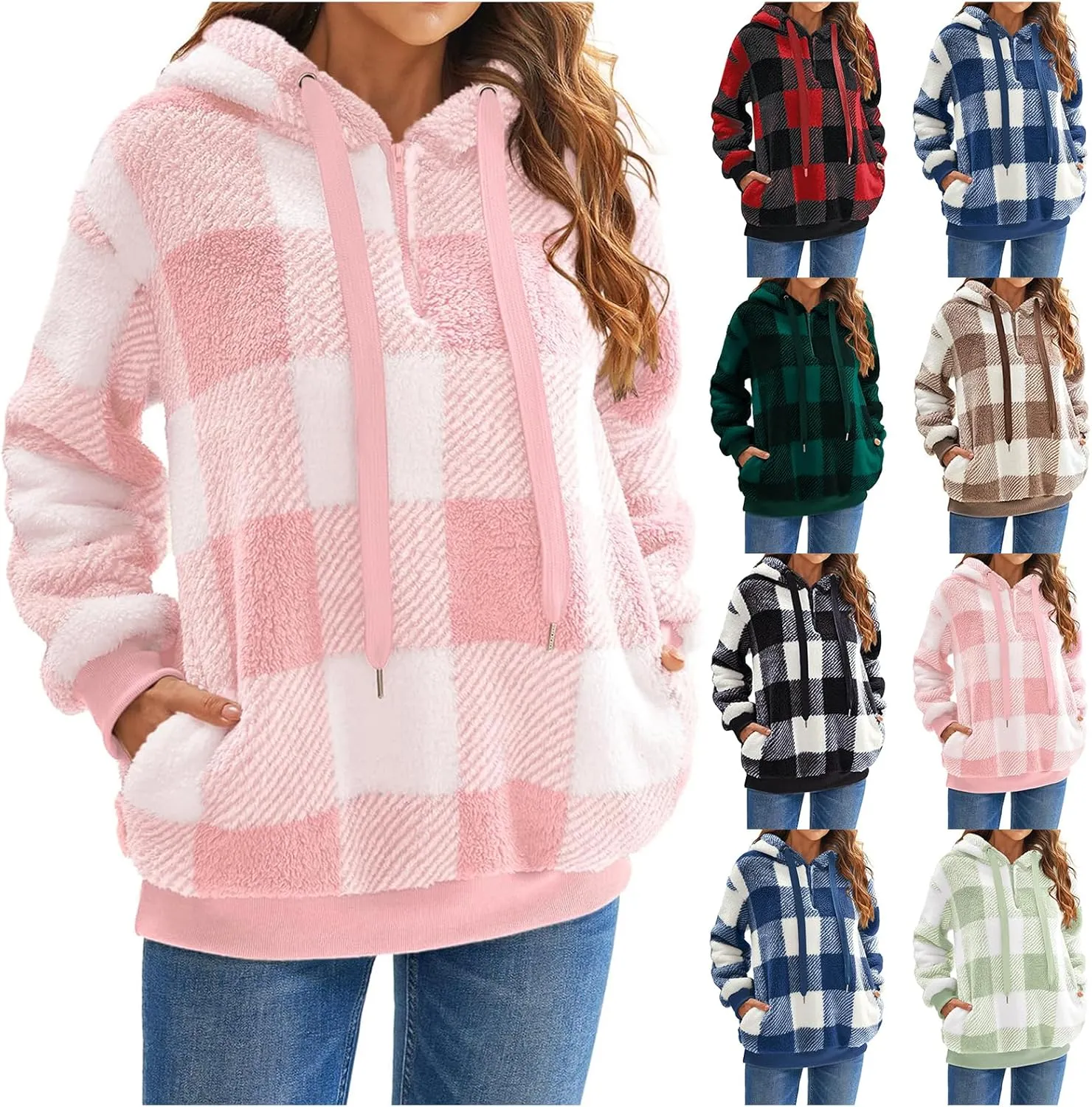 Fleece Hoodies for Women Plaid Long Sleeve Hoodie Casual Half Zip Sweatshirts Winter Sherpa Pullover