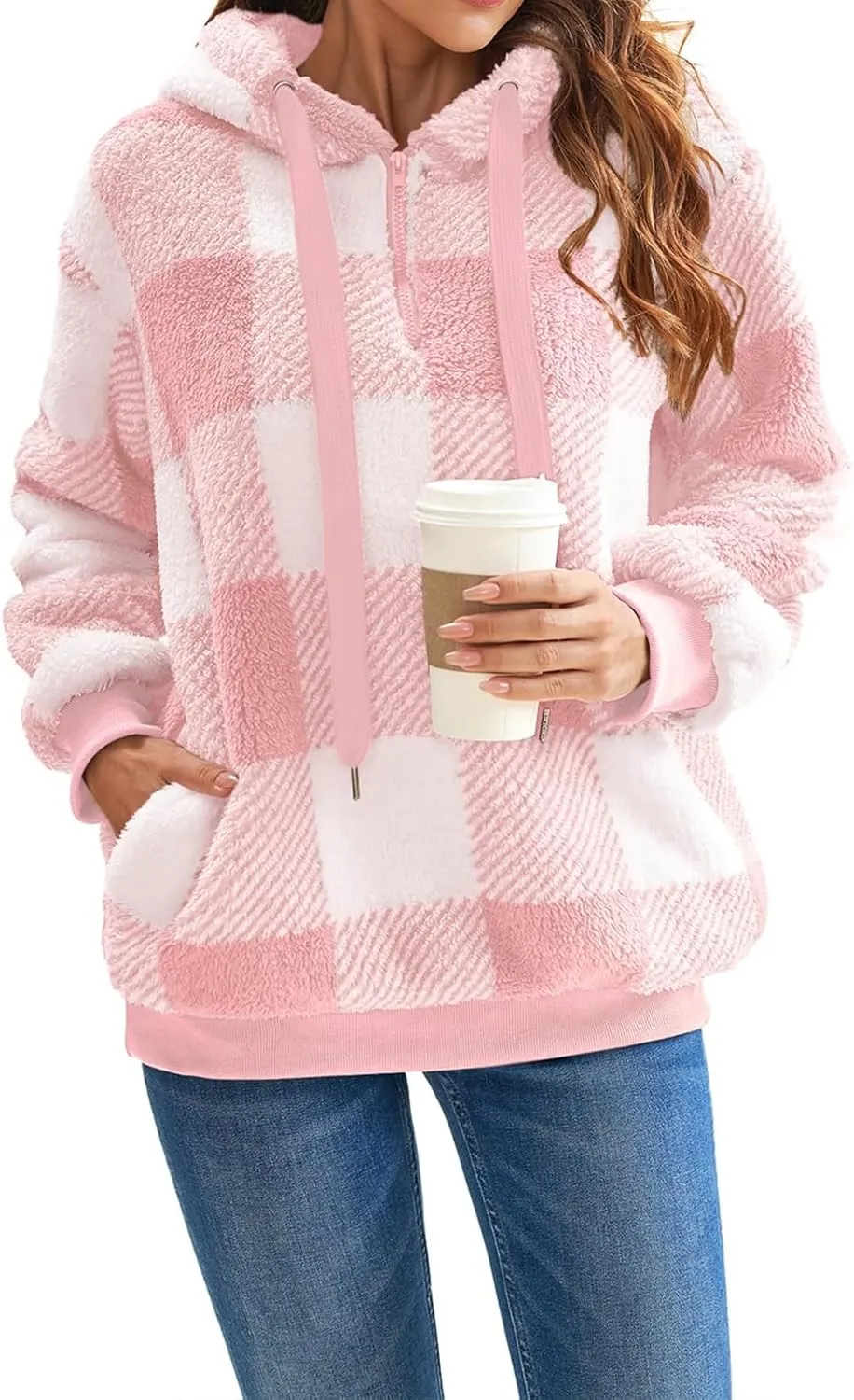 Fleece Hoodies for Women Plaid Long Sleeve Hoodie Casual Half Zip Sweatshirts Winter Sherpa Pullover